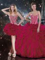 Modern Burgundy Ball Gowns Sweetheart Sleeveless Organza Floor Length Lace Up Beading and Ruffles Sweet 16 Dresses