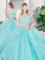 Aqua Blue Tulle Zipper Ball Gown Prom Dress Sleeveless Floor Length Lace and Ruffled Layers