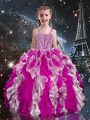 Hot Sale Sleeveless Floor Length Beading and Ruffles Lace Up Kids Pageant Dress with Fuchsia