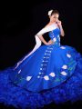 Sweet Sweetheart Sleeveless Ball Gown Prom Dress Brush Train Embroidery and Ruffles Royal Blue Organza