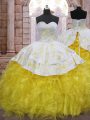 Sweetheart Sleeveless Brush Train Lace Up Sweet 16 Dresses Yellow And White Organza