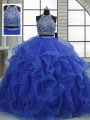 Decent Organza Halter Top Sleeveless Lace Up Beading and Ruffles 15 Quinceanera Dress in Royal Blue