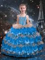 Amazing Baby Blue Straps Neckline Beading and Ruffled Layers Pageant Dress for Girls Sleeveless Lace Up