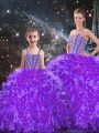 Luxurious Eggplant Purple Ball Gowns Sweetheart Sleeveless Organza Floor Length Lace Up Beading and Ruffles Quince Ball Gowns