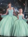Luxury Turquoise Sleeveless Floor Length Beading Lace Up Quince Ball Gowns