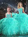 Pretty Turquoise Organza Lace Up Sweetheart Sleeveless Floor Length Quinceanera Dresses Beading and Ruffles