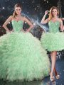 Floor Length Lace Up Sweet 16 Dress Apple Green for Military Ball and Sweet 16 and Quinceanera with Beading and Ruffles