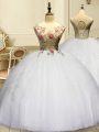 White Ball Gowns Scoop Sleeveless Organza Floor Length Lace Up Appliques and Ruffles Vestidos de Quinceanera
