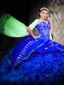 Sophisticated Sleeveless Embroidery and Ruffles Lace Up 15 Quinceanera Dress with Royal Blue Brush Train