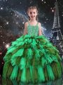 Straps Sleeveless Pageant Dress for Teens Floor Length Beading and Ruffles Apple Green Tulle