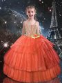 Glamorous Orange Red Lace Up Custom Made Pageant Dress Beading and Ruffled Layers Short Sleeves Floor Length