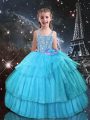 Ball Gowns Pageant Gowns For Girls Aqua Blue Straps Organza Sleeveless Floor Length Lace Up