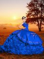 Blue Ball Gowns Sweetheart Sleeveless Organza Brush Train Lace Up Embroidery and Ruffles Ball Gown Prom Dress