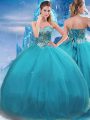 Luxury Floor Length Teal 15th Birthday Dress Sweetheart Sleeveless Lace Up