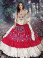 Taffeta Off The Shoulder Sleeveless Lace Up Embroidery and Ruffled Layers Quinceanera Gowns in Red