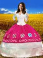 Chic Off The Shoulder 3 4 Length Sleeve Quinceanera Dresses Floor Length Embroidery Hot Pink Taffeta