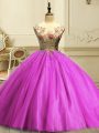 Nice Appliques and Sequins Ball Gown Prom Dress Fuchsia Lace Up Sleeveless Floor Length