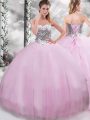 Lilac Lace Up Sweetheart Beading Quince Ball Gowns Tulle Sleeveless Brush Train