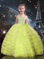 Floor Length Lace Up Little Girls Pageant Dress Yellow Green for Quinceanera and Wedding Party with Beading and Ruffled Layers