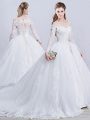 Discount Off The Shoulder Long Sleeves Tulle Wedding Gown Lace and Appliques Brush Train Zipper