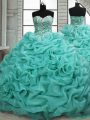 Sleeveless Organza Brush Train Lace Up Vestidos de Quinceanera in Turquoise with Beading and Pick Ups