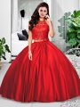 Beautiful Halter Top Sleeveless Quinceanera Gowns Floor Length Lace and Ruching Wine Red Taffeta