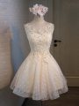 Custom Design Lace and Appliques and Belt Junior Homecoming Dress Champagne Lace Up Sleeveless Mini Length