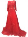 Smart Brush Train A-line Teens Party Dress Red Bateau Tulle Long Sleeves Zipper