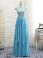 Excellent Baby Blue Empire Lace Hoco Dress Backless Chiffon Sleeveless Floor Length