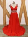 Red Chiffon Backless Red Carpet Gowns Sleeveless Brush Train Beading