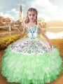 Floor Length Apple Green Little Girl Pageant Gowns Organza and Taffeta Sleeveless Embroidery and Ruffled Layers