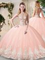 Pretty Peach Tulle Backless Sweet 16 Dress Sleeveless Floor Length Beading and Appliques