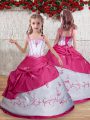 Beautiful Taffeta Straps Sleeveless Lace Up Embroidery Little Girls Pageant Dress in Hot Pink