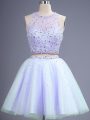 Traditional Lavender Tulle Lace Up Scoop Sleeveless Knee Length Bridesmaid Dresses Beading