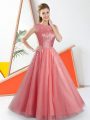 Shining Watermelon Red Sleeveless Floor Length Beading and Lace Backless Bridesmaid Dress