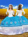 Off The Shoulder 3 4 Length Sleeve Little Girls Pageant Dress Floor Length Embroidery and Ruffles Blue And White Taffeta