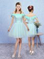 Aqua Blue Lace Up Off The Shoulder Lace Quinceanera Court of Honor Dress Tulle Cap Sleeves
