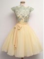 Best Selling Champagne Bridesmaid Dresses Prom and Party and Wedding Party with Lace and Belt Scalloped Cap Sleeves Lace Up