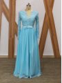 Beauteous Baby Blue Long Sleeves Lace Floor Length Mother Of The Bride Dress