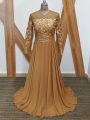 Brown Mother Of The Bride Dress Prom and Sweet 16 with Lace High-neck Long Sleeves Brush Train Zipper
