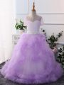 Short Sleeves Floor Length Beading Clasp Handle Little Girl Pageant Dress with Lavender