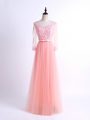 Pink Tulle Lace Up Vestidos de Damas Half Sleeves Floor Length Lace