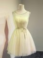 Knee Length Gold Dama Dress for Quinceanera Tulle Sleeveless Belt