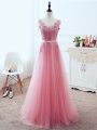 Pink V-neck Neckline Lace and Appliques and Belt Prom Party Dress Sleeveless Lace Up