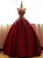 Wine Red Taffeta Lace Up Sweet 16 Quinceanera Dress Sleeveless Floor Length Appliques