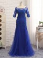 Deluxe Tulle Scoop Half Sleeves Zipper Lace and Appliques Mother Of The Bride Dress in Royal Blue