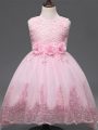 Elegant Sleeveless Zipper High Low Lace and Appliques and Bowknot and Hand Made Flower Pageant Gowns For Girls