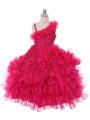 Hot Pink Asymmetric Neckline Lace and Ruffles and Ruffled Layers Girls Pageant Dresses Sleeveless Lace Up