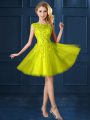 Enchanting Knee Length Yellow Wedding Guest Dresses Tulle Cap Sleeves Lace and Appliques