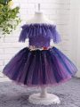 Knee Length Ball Gowns Short Sleeves Purple Little Girls Pageant Gowns Lace Up
